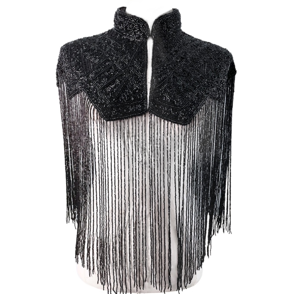 All Black Art Deco Hand Beaded Fringe Cape